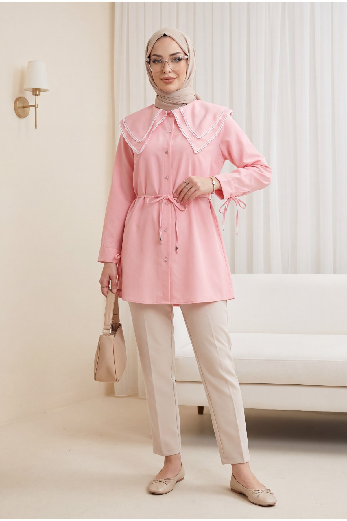 Yakası Dantelli Beli Ve Kolu Bağcıklı Poplin Tunik  -Pembe