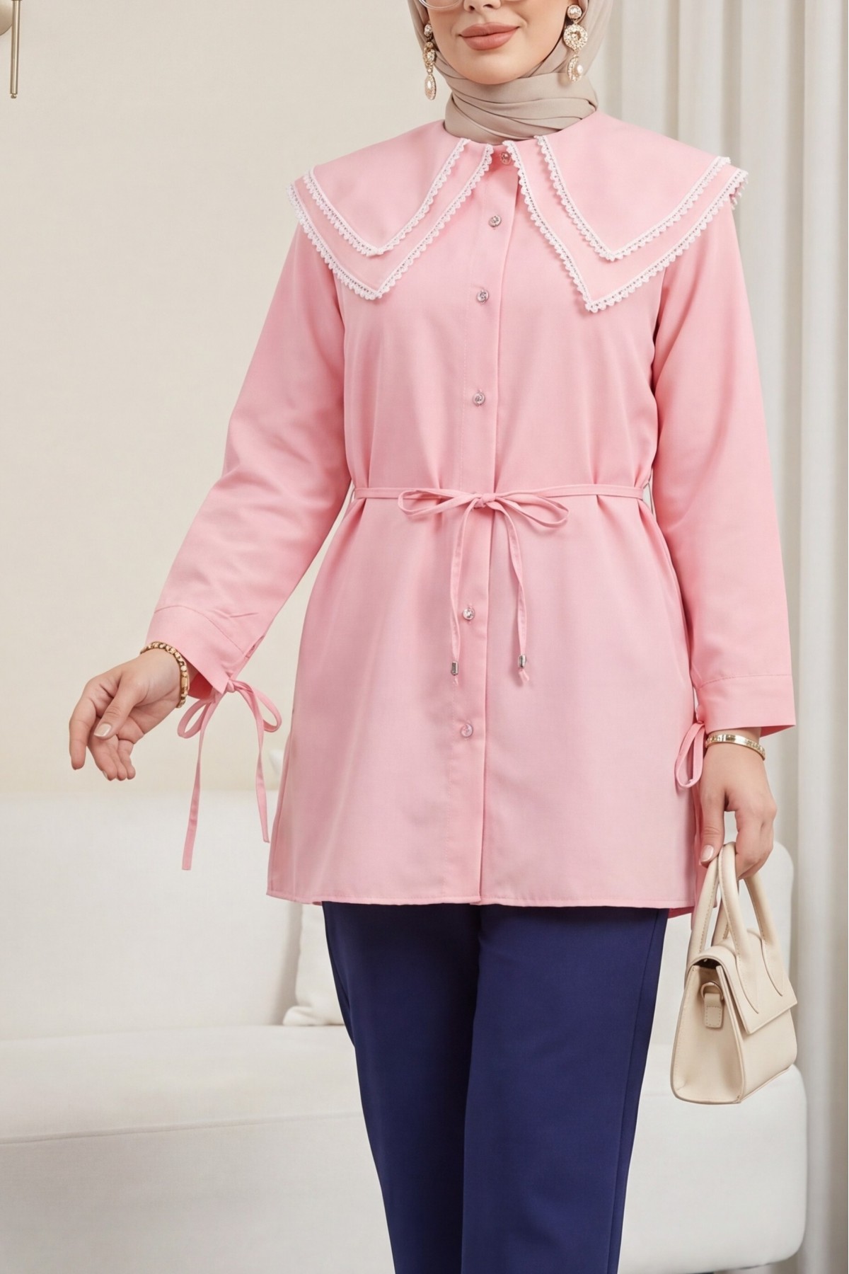 Yakası Dantelli Beli Ve Kolu Bağcıklı Poplin Tunik  -Pembe