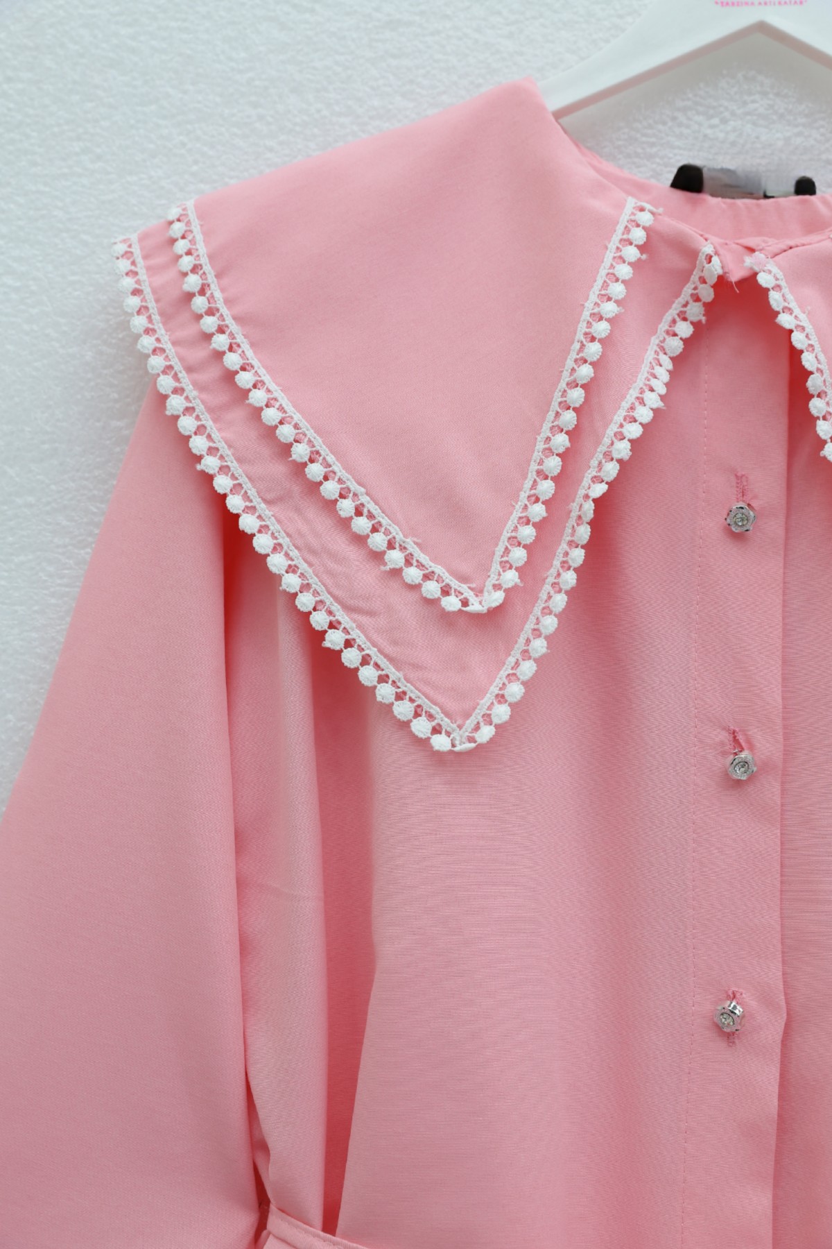 Yakası Dantelli Beli Ve Kolu Bağcıklı Poplin Tunik  -Pembe