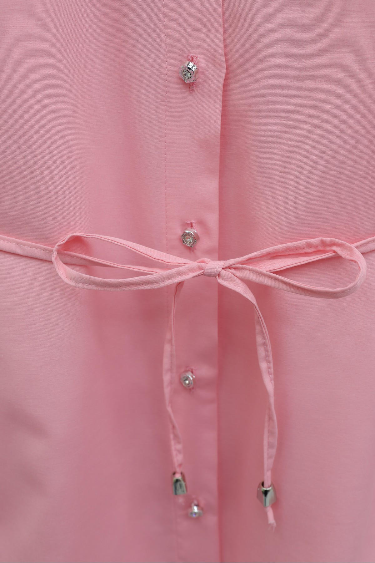 Yakası Dantelli Beli Ve Kolu Bağcıklı Poplin Tunik  -Pembe