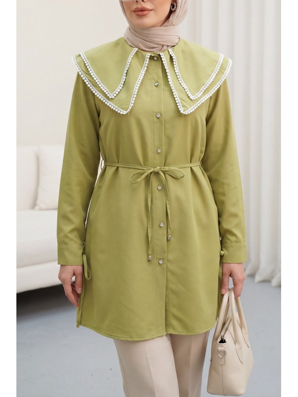 Poplin Tunic with Lace Neckline and Drawstring Waist and Sleeves -Oil Green