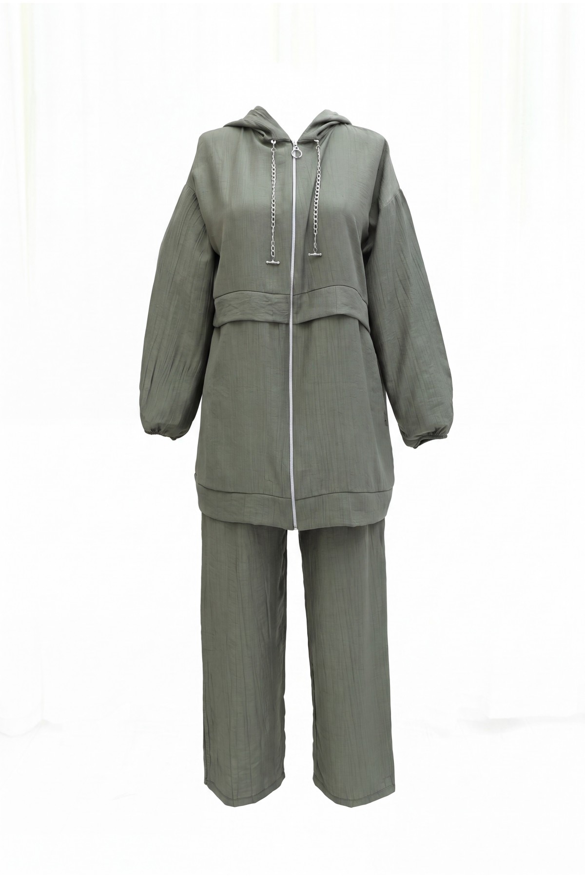 Strawberry Style Hooded Sweatshirt with Chain Collar and Zip-Up Pants -Khaki