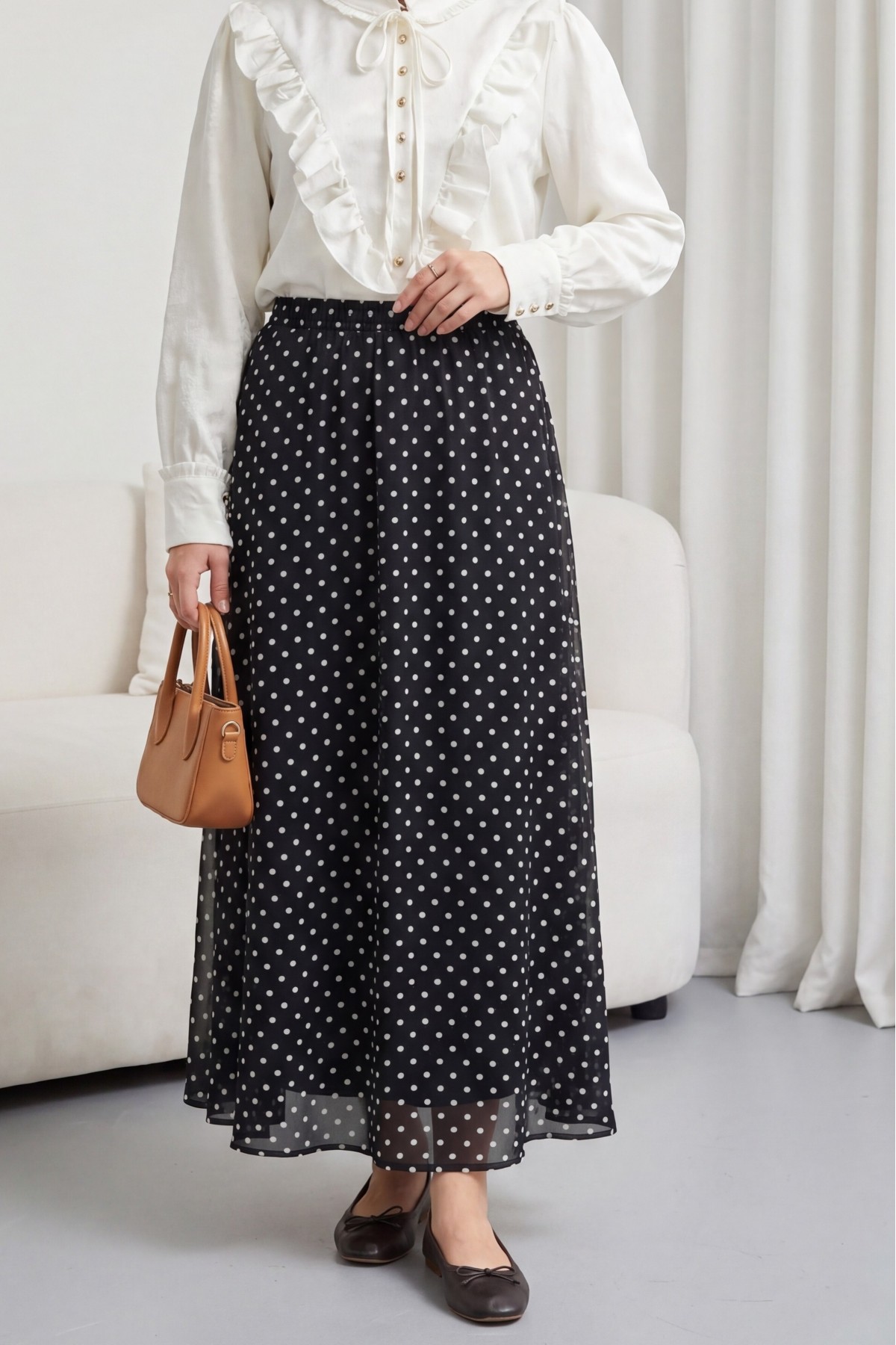 تنورة شيفون منقطة بخصر مطاطي وبطانة -أسود