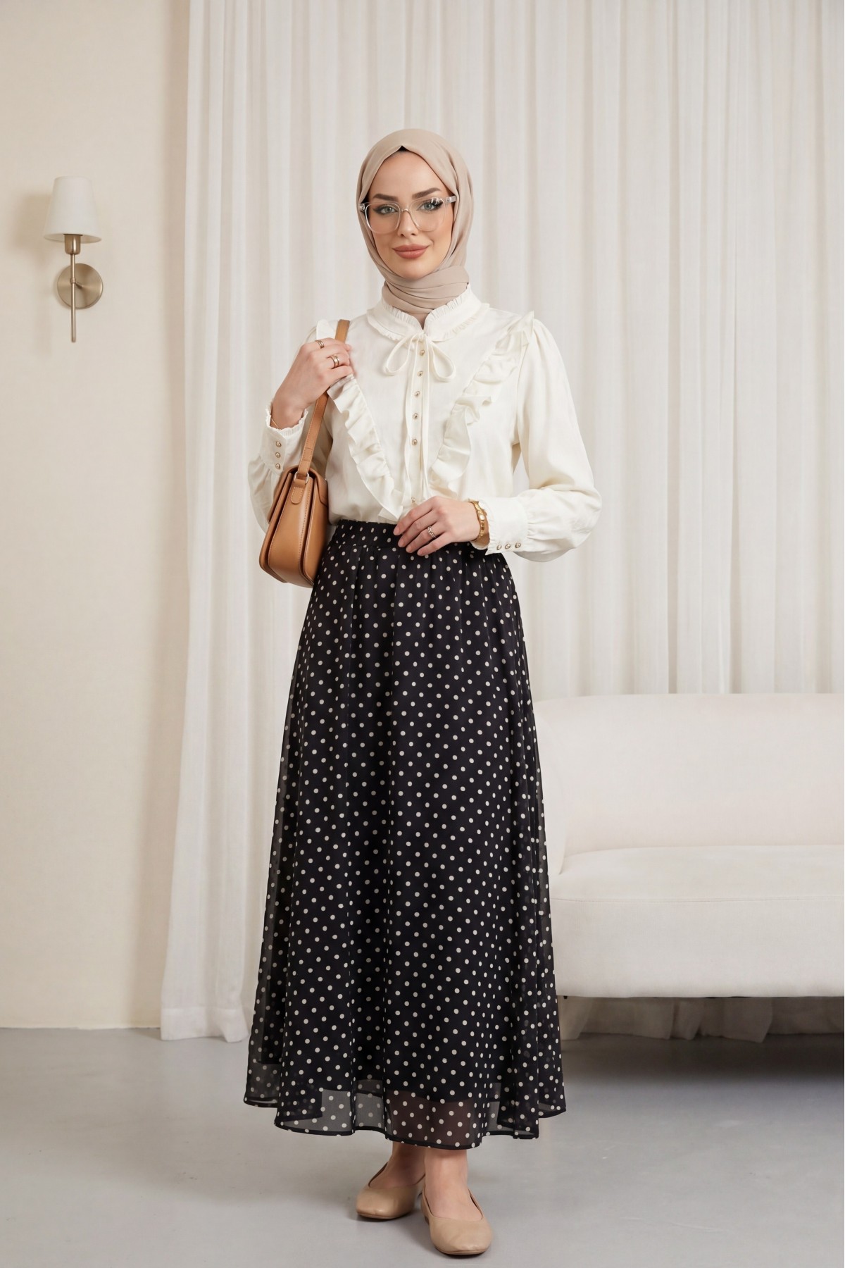 تنورة شيفون منقطة بخصر مطاطي وبطانة -أسود