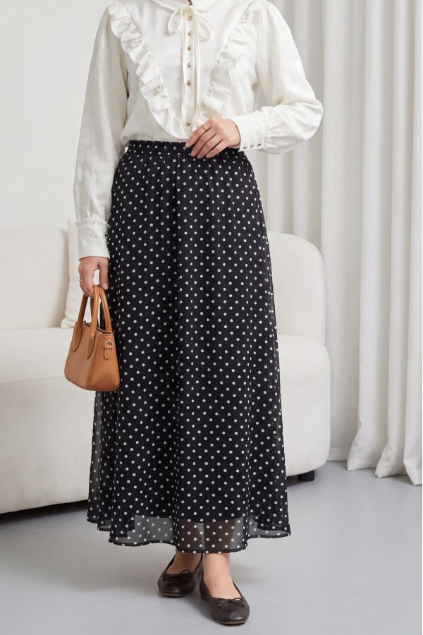 تنورة شيفون منقطة بخصر مطاطي وبطانة -أسود