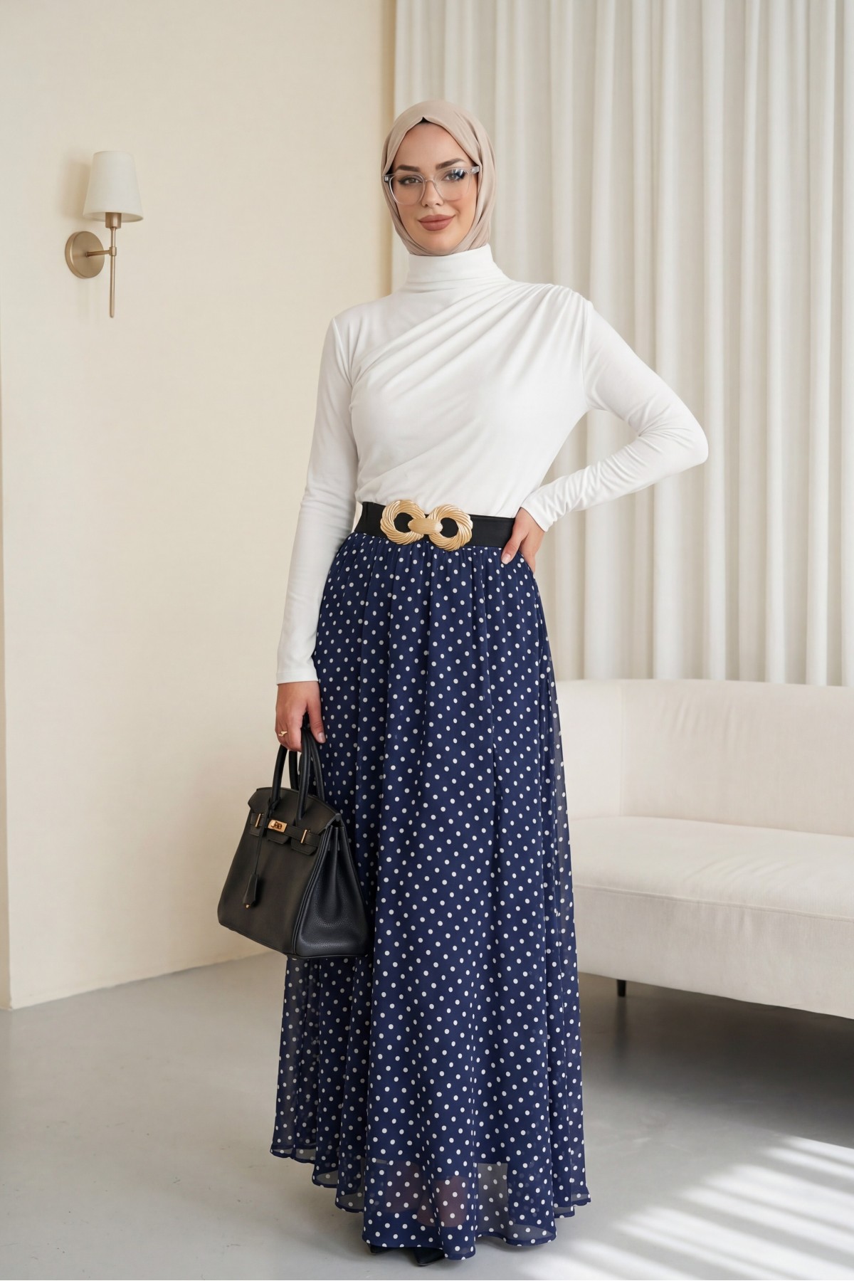 تنورة شيفون منقطة بخصر مطاطي وبطانة -كحلي