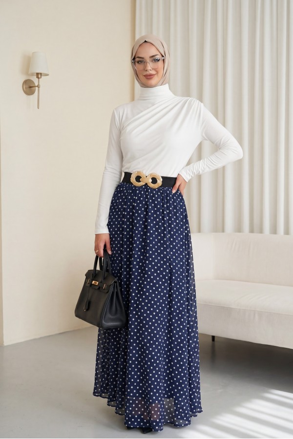 تنورة شيفون منقطة بخصر مطاطي وبطانة -كحلي