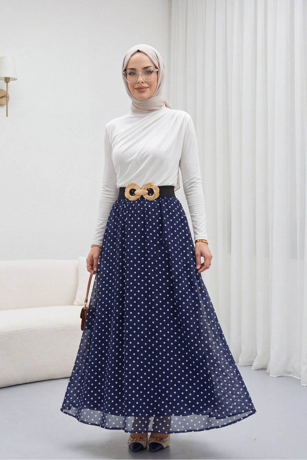 تنورة شيفون منقطة بخصر مطاطي وبطانة -كحلي