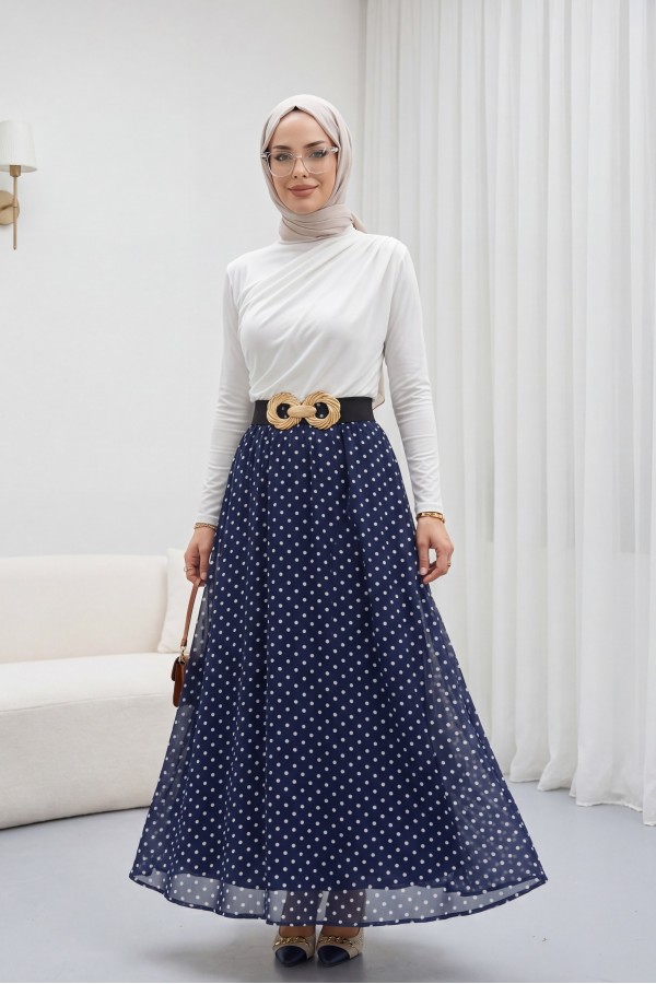 تنورة شيفون منقطة بخصر مطاطي وبطانة -كحلي