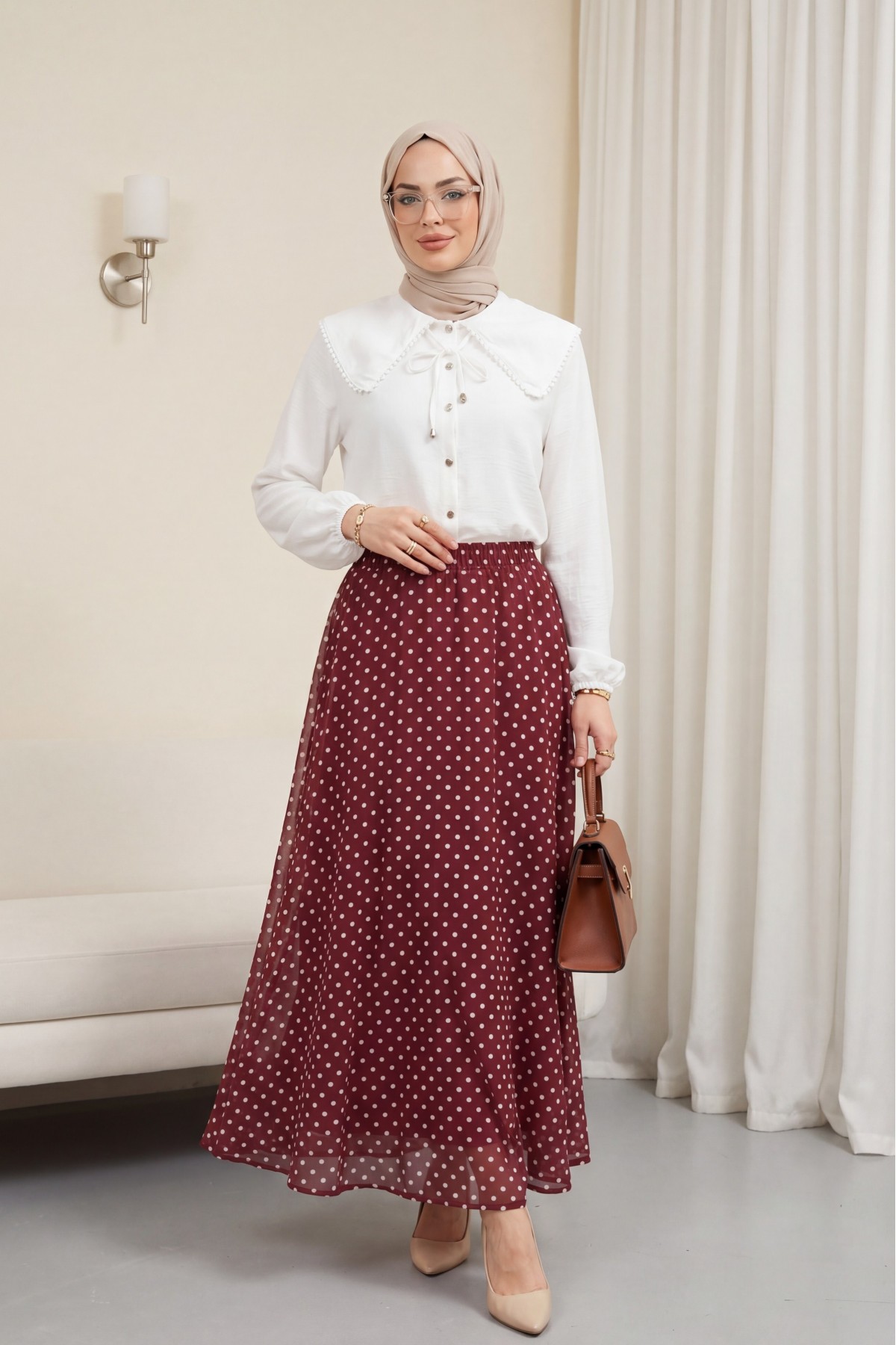 تنورة شيفون منقطة بخصر مطاطي وبطانة -بوردو