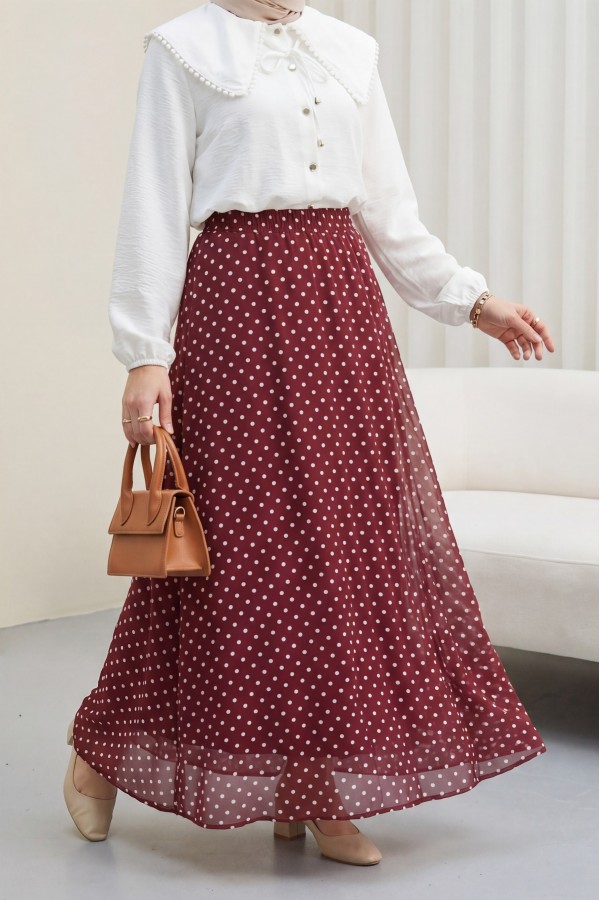 تنورة شيفون منقطة بخصر مطاطي وبطانة -بوردو