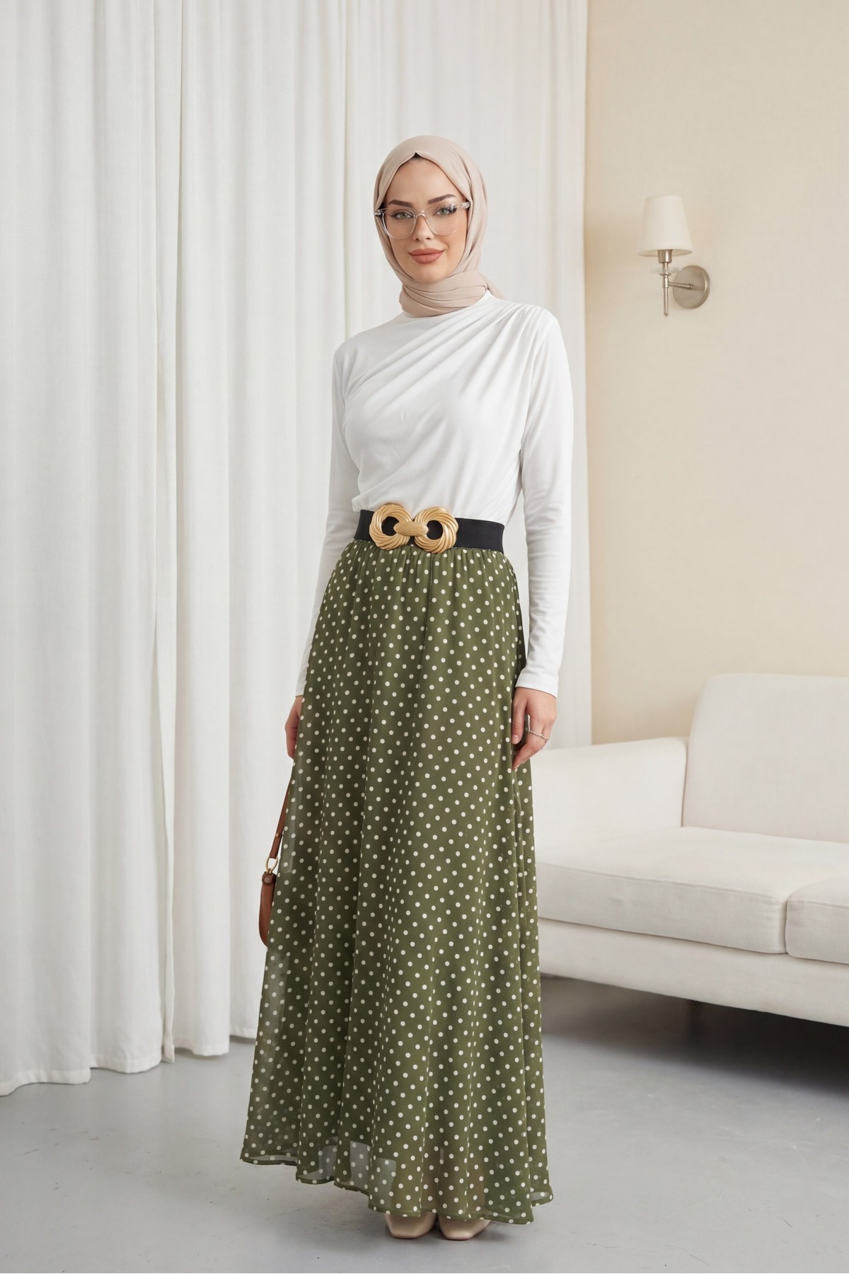 تنورة شيفون منقطة بخصر مطاطي وبطانة -خاكي