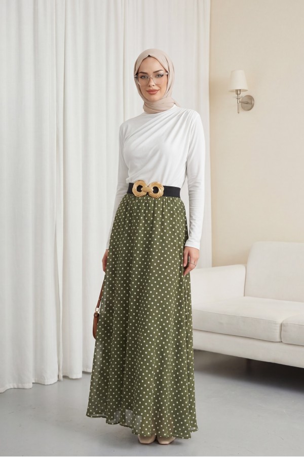 تنورة شيفون منقطة بخصر مطاطي وبطانة -خاكي