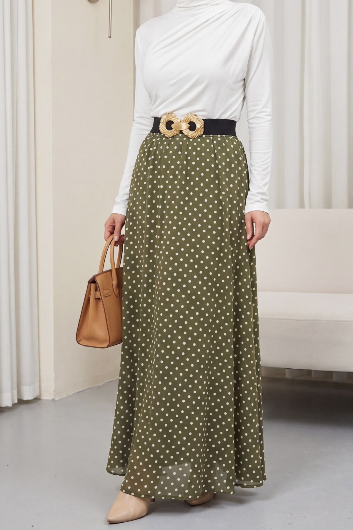 تنورة شيفون منقطة بخصر مطاطي وبطانة -خاكي