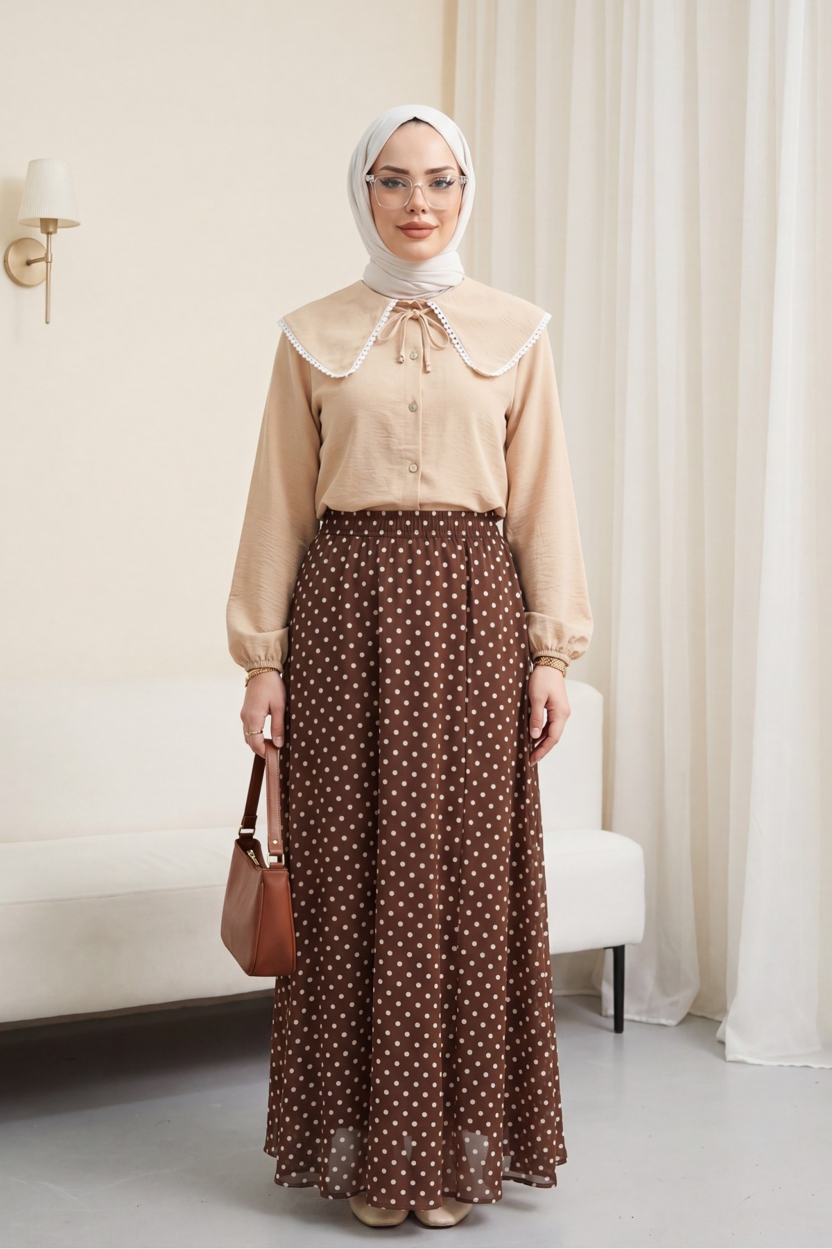 تنورة شيفون منقطة بخصر مطاطي وبطانة -بنى