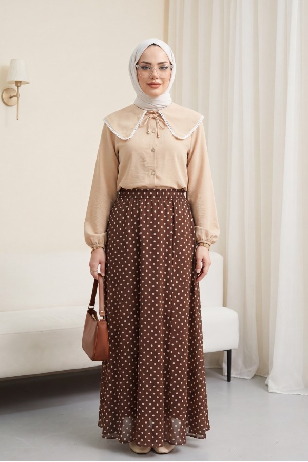 تنورة شيفون منقطة بخصر مطاطي وبطانة -بنى