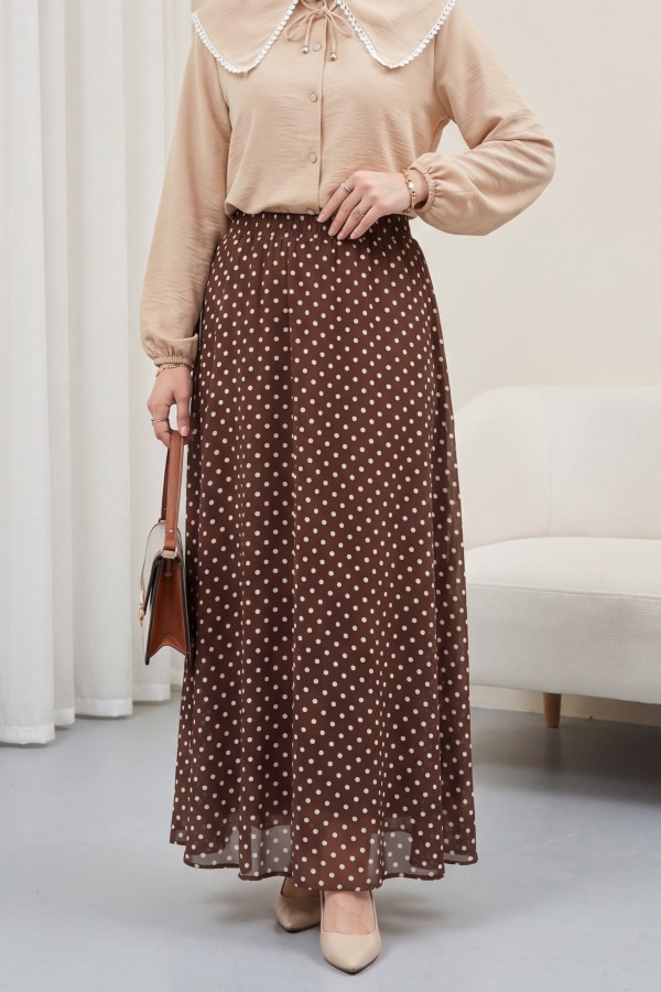 تنورة شيفون منقطة بخصر مطاطي وبطانة -بنى