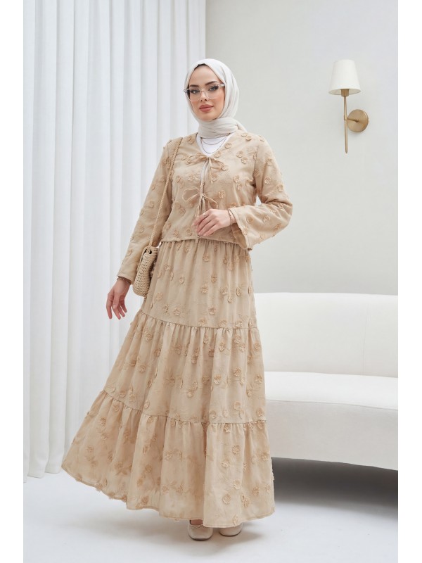 Önü Bağlamalı Kabartma Çiçek Nakışlı Eteği Astarlı Keten Kimono Takım  -Vizon