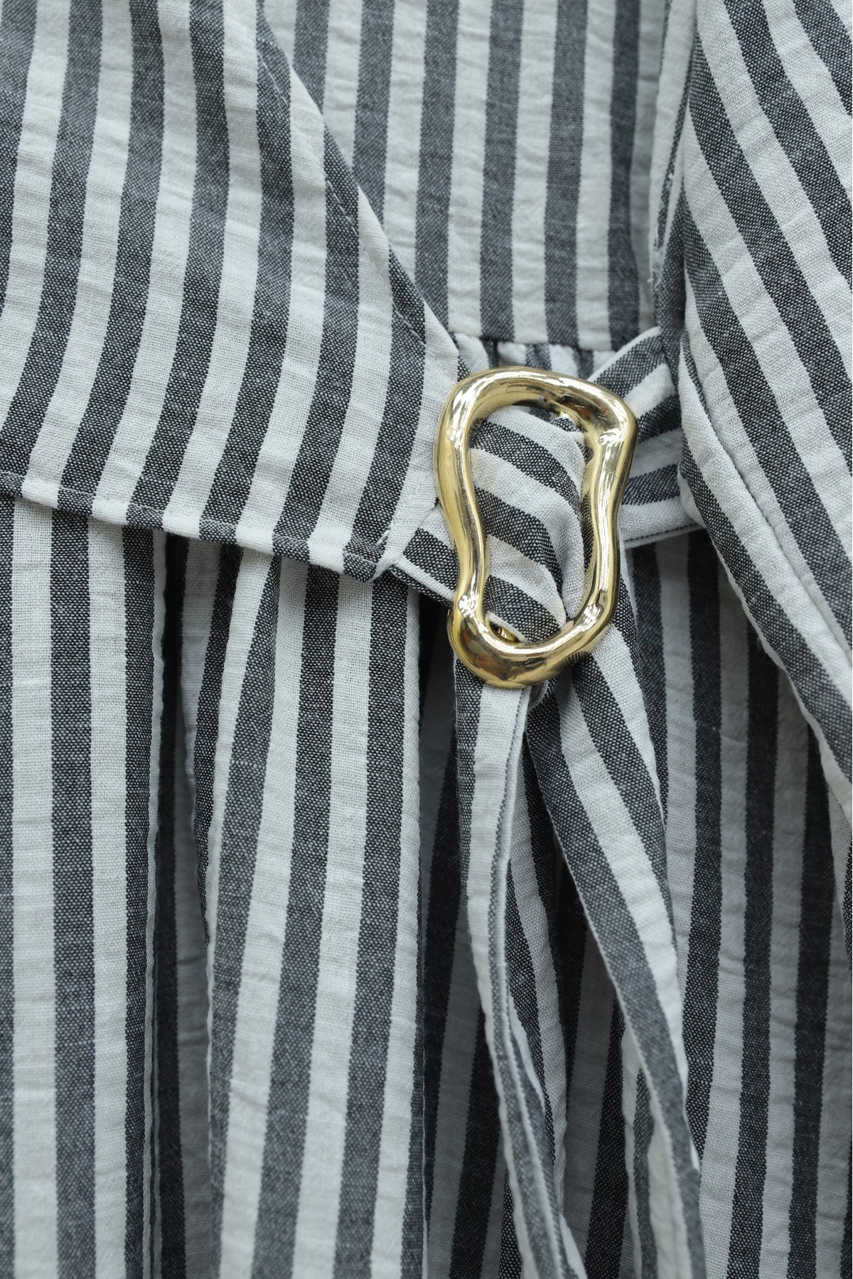 Shirt Collar Half-Button Buckle Side Tie Striped Linen Dress -Anthracite