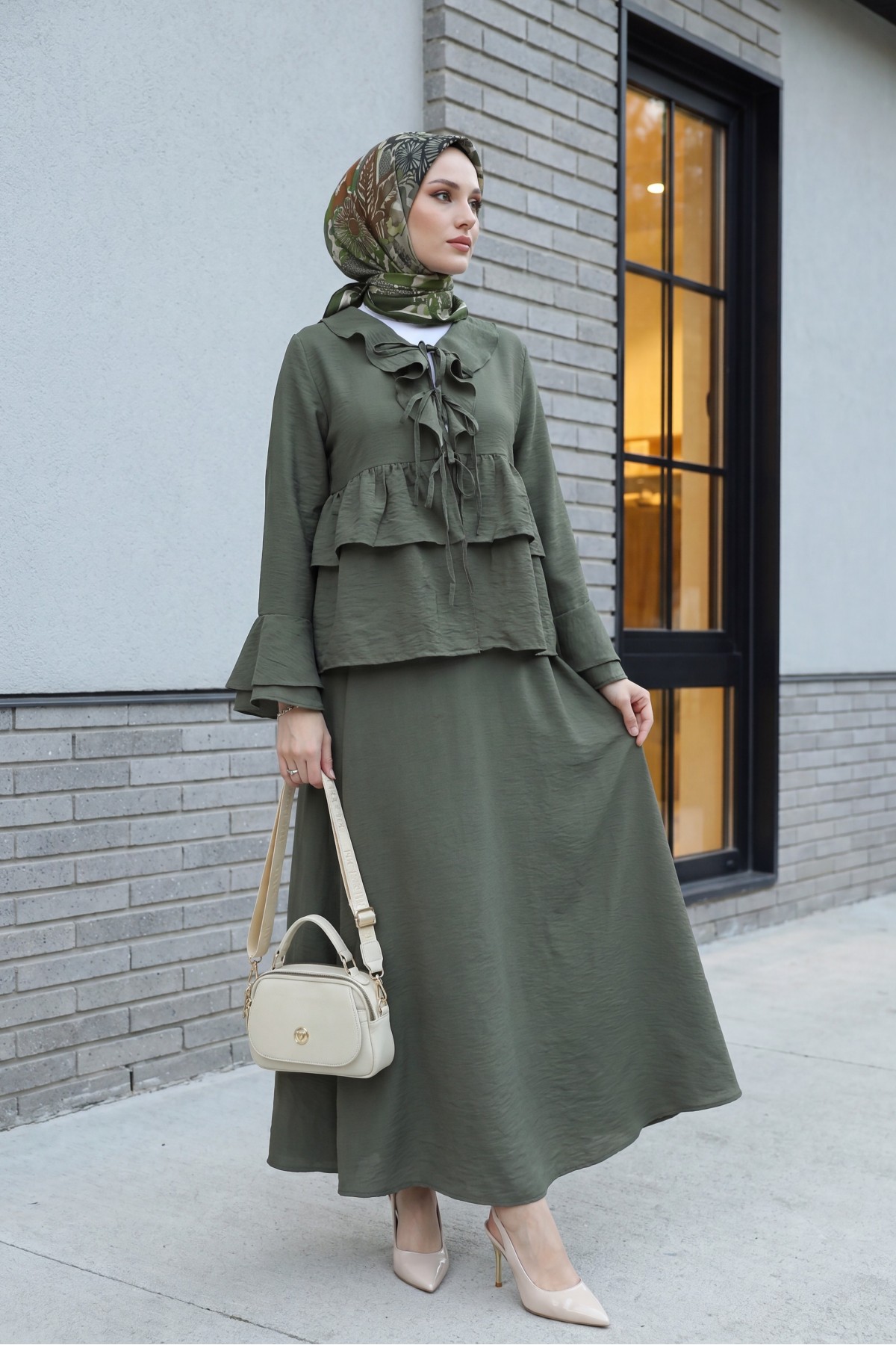Önü Bağlamalı Fırfırlı İspanyol Kol Etekli Cupra Kimono Takım -Haki