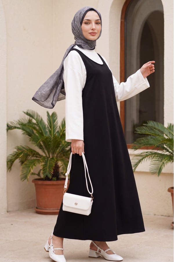 Stand-up collar long-sleeved blouse and double crepe vest set -Black