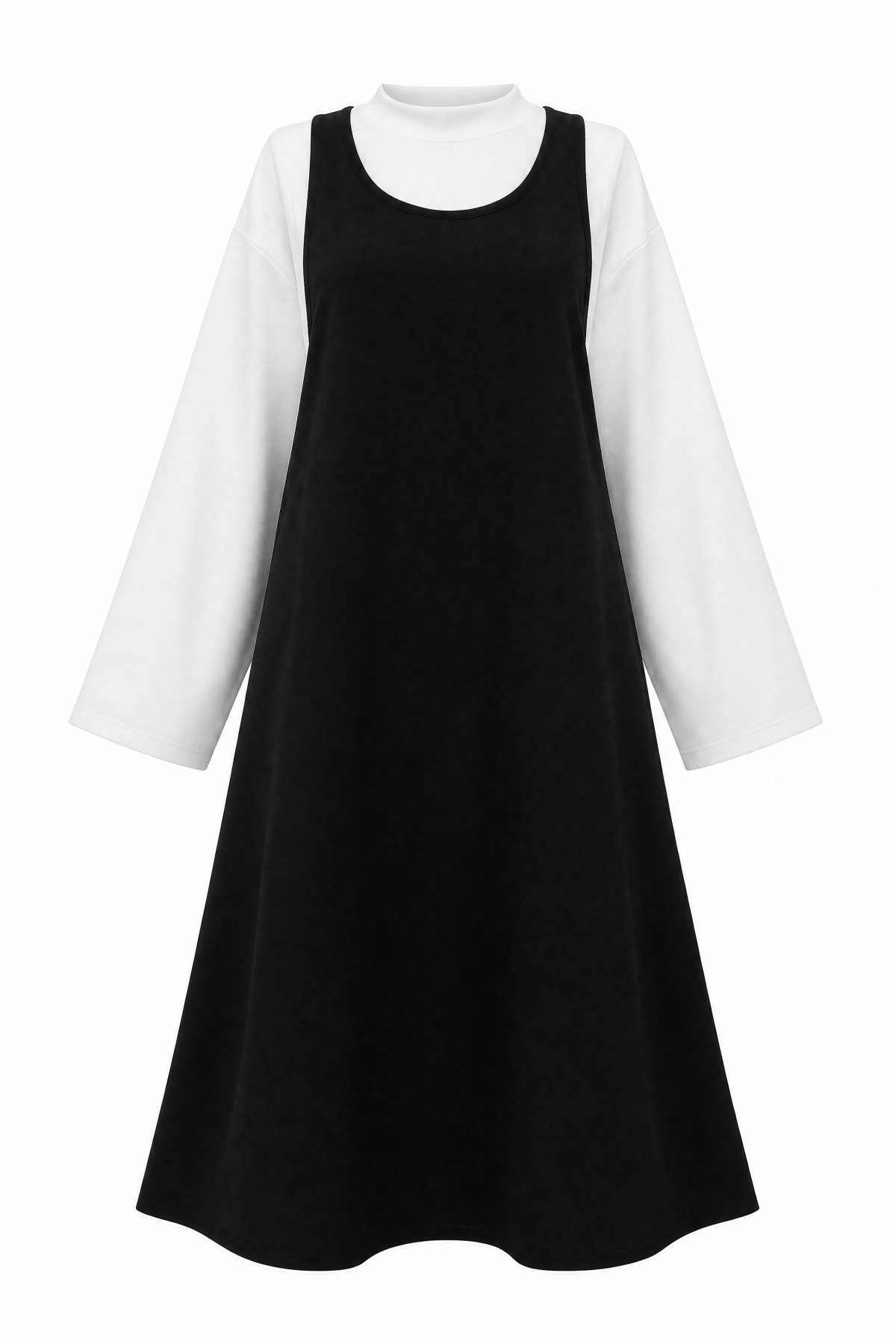 Stand-up collar long-sleeved blouse and double crepe vest set -Black