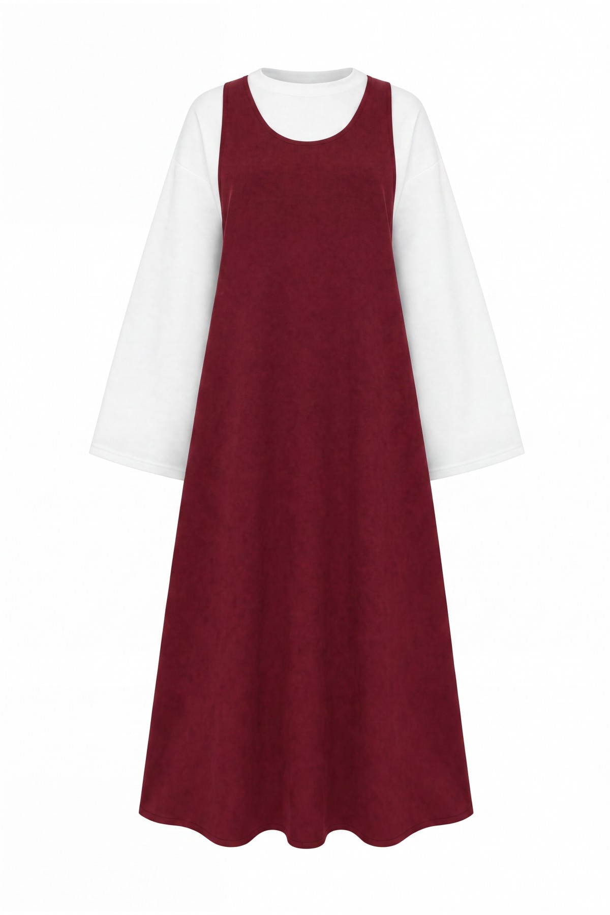 Stand-up collar long-sleeved blouse and double crepe vest set -Maroon