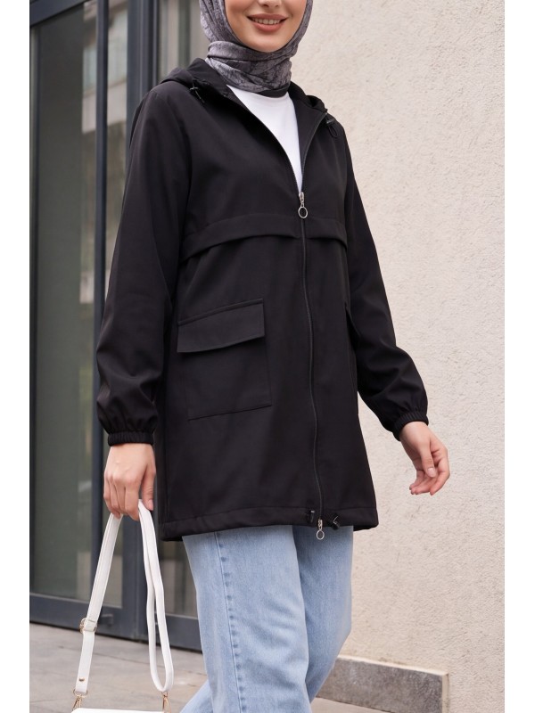 Balloon-Sleeve Lined Trench Coat with Double Pockets and Buttons