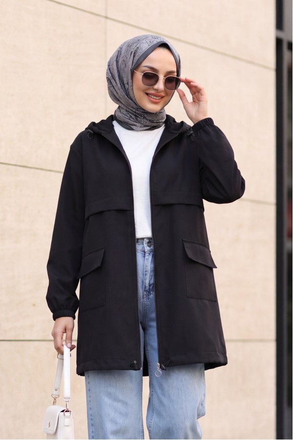 Full-Zip Hooded Raincoat with Flap Pockets -Black