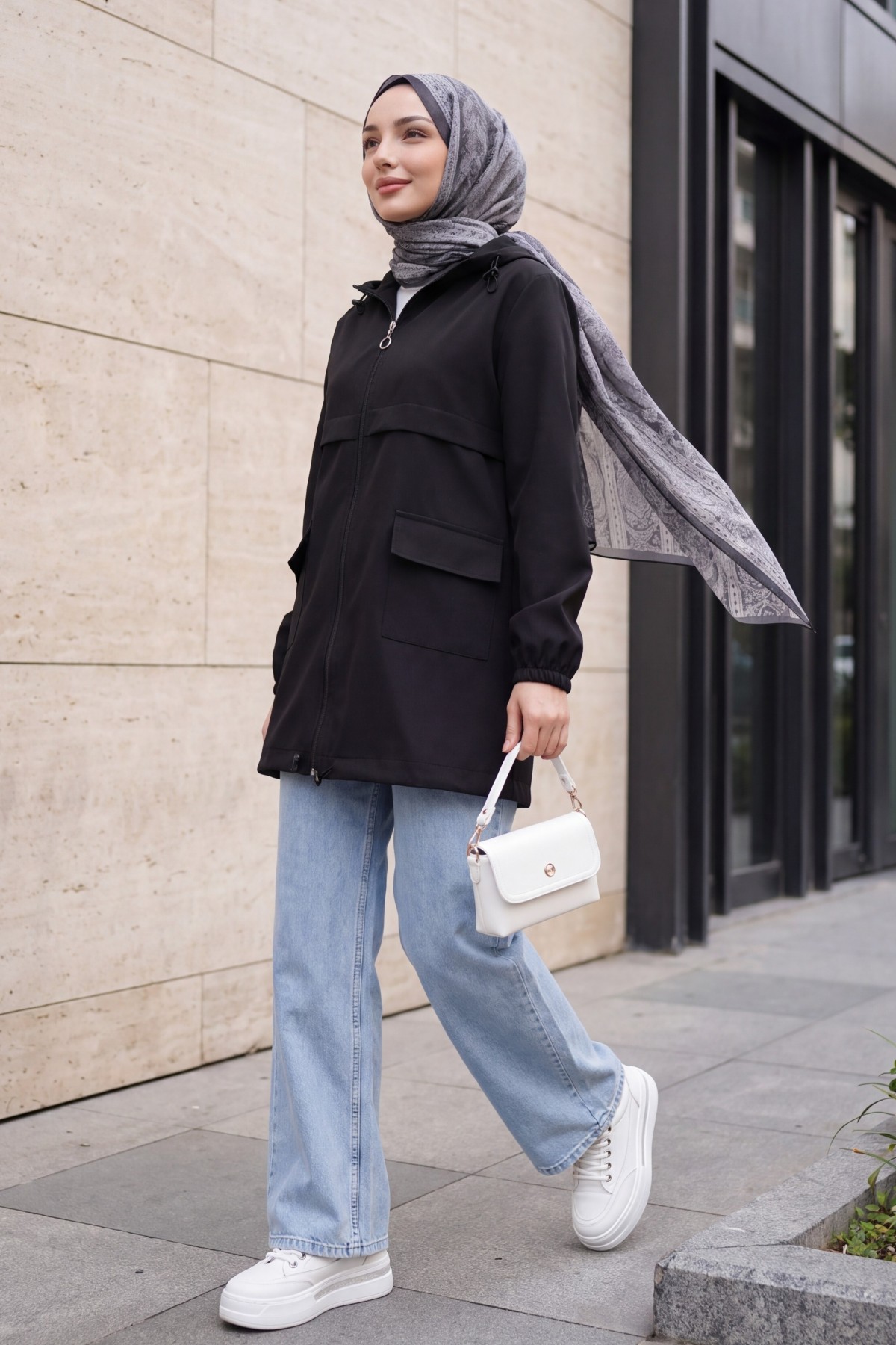 Full-Zip Hooded Raincoat with Flap Pockets -Black