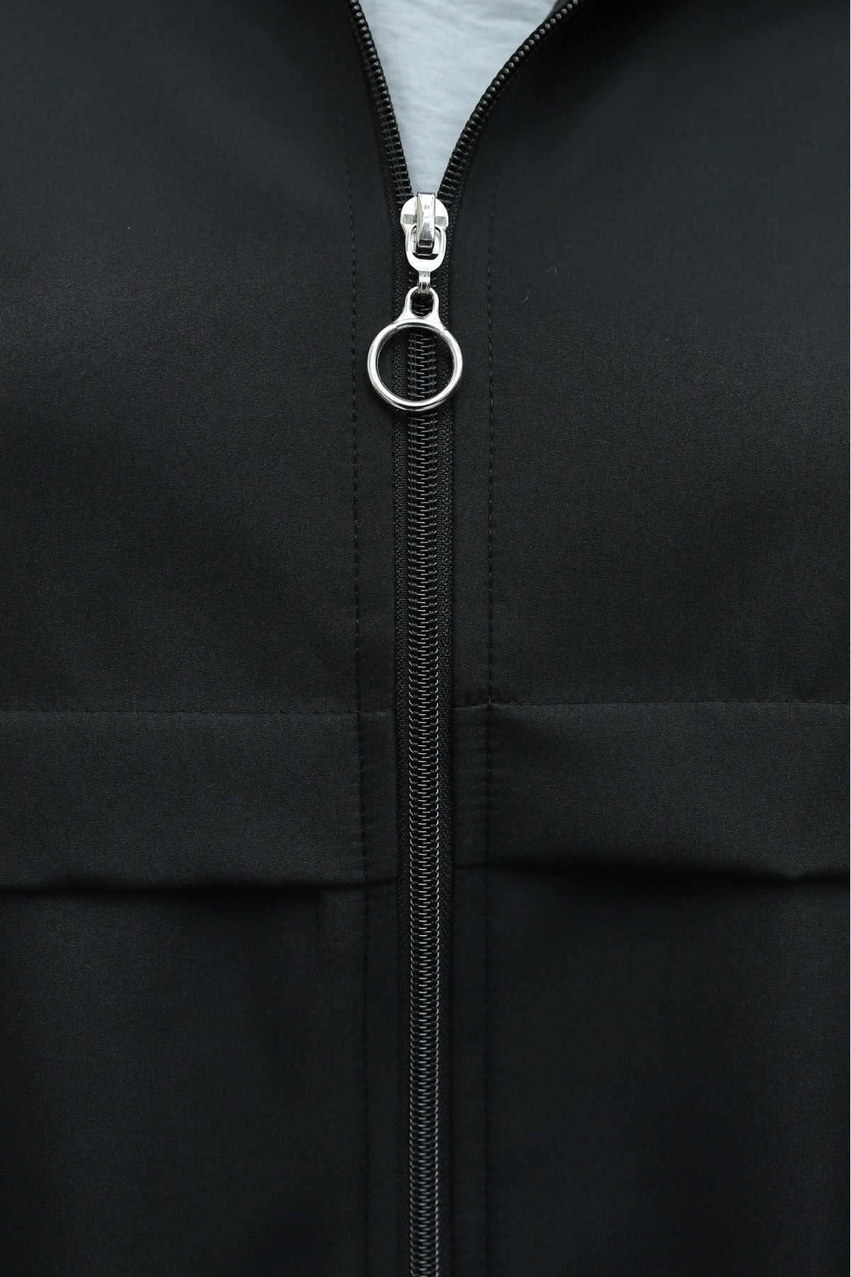 Full-Zip Hooded Raincoat with Flap Pockets -Black