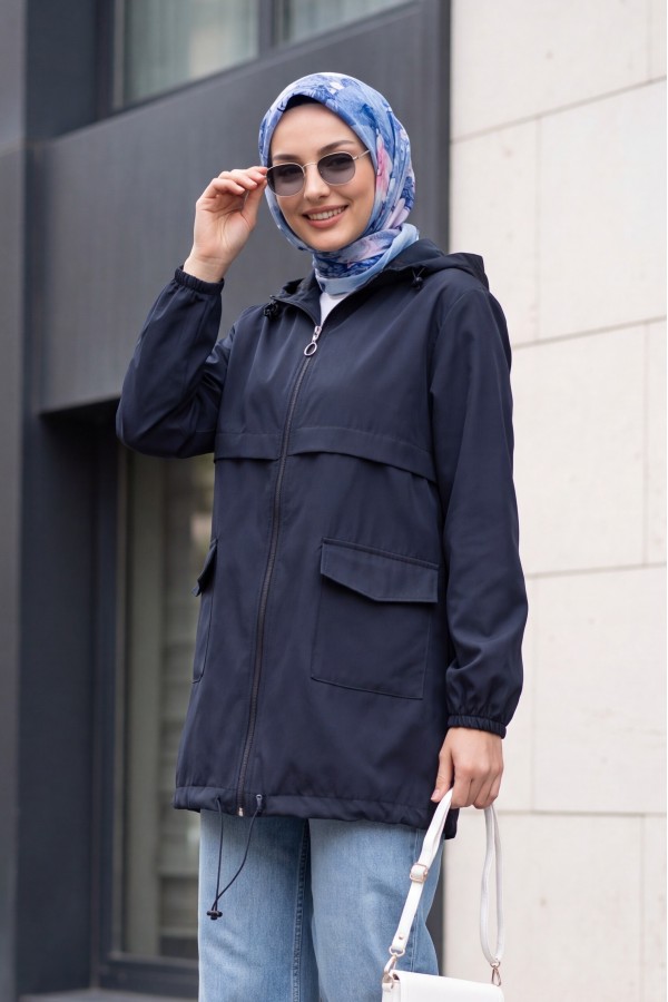 Full-Zip Hooded Raincoat with Flap Pockets -Navy blue