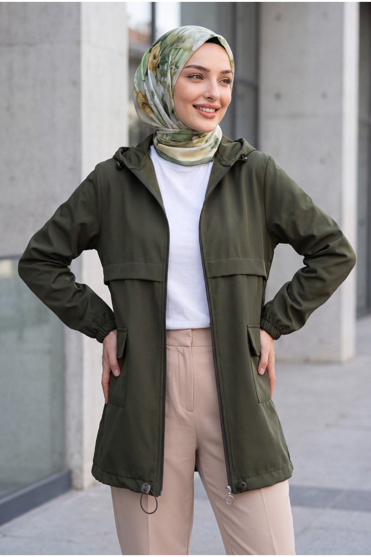 Full-Zip Hooded Raincoat with Flap Pockets -Khaki
