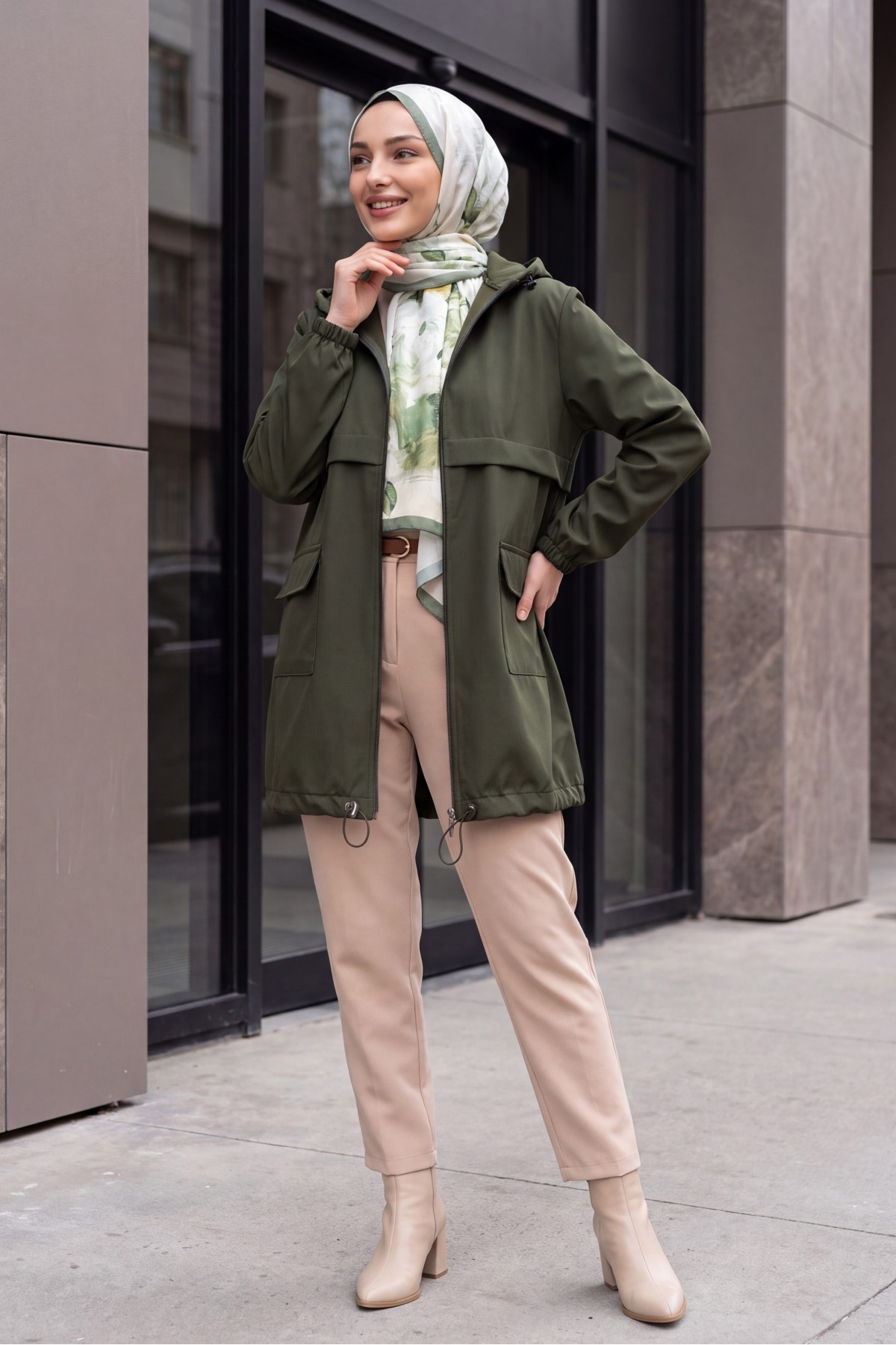 Full-Zip Hooded Raincoat with Flap Pockets -Khaki