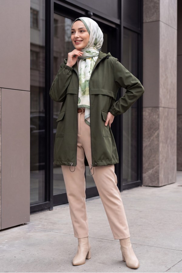Full-Zip Hooded Raincoat with Flap Pockets -Khaki