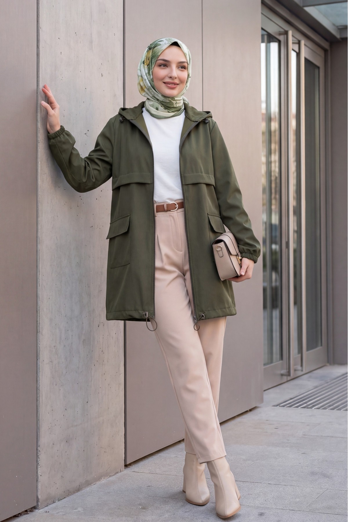 Full-Zip Hooded Raincoat with Flap Pockets -Khaki