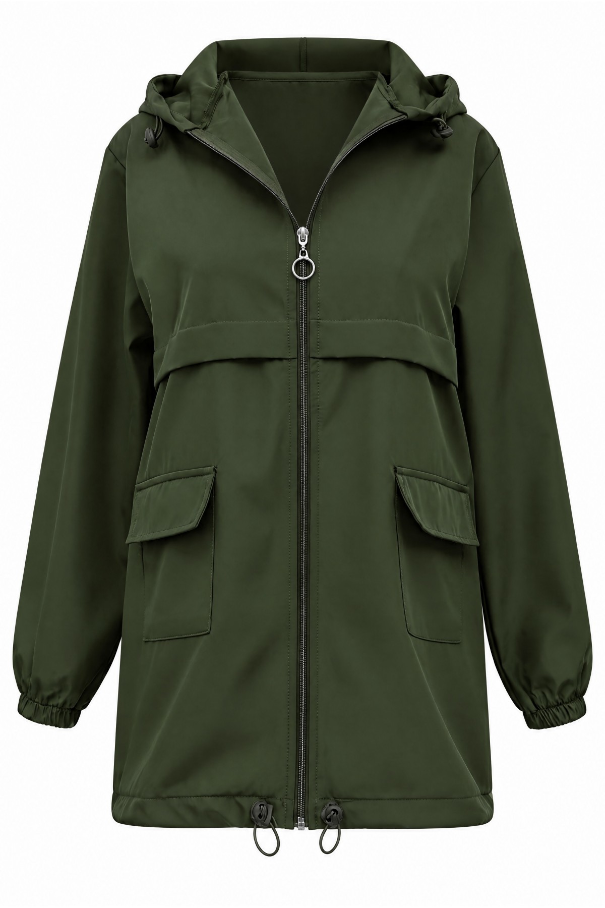 Full-Zip Hooded Raincoat with Flap Pockets -Khaki