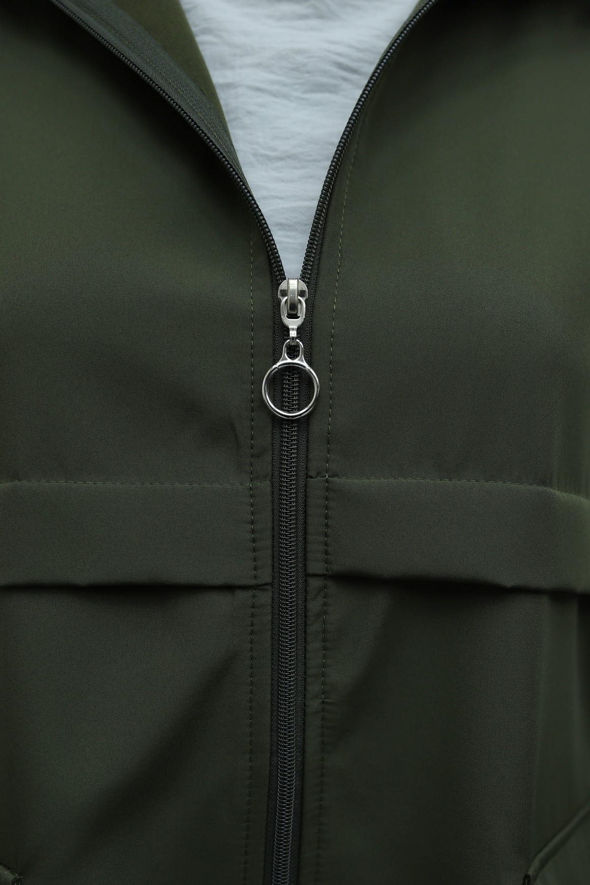 Full-Zip Hooded Raincoat with Flap Pockets -Khaki