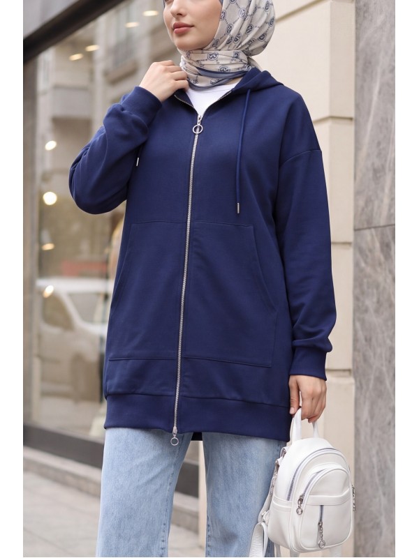 Double-knit hooded sweatshirt with zipper and kangaroo pocket -Navy blue