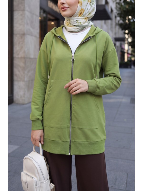 Double-knit hooded sweatshirt with zipper and kangaroo pocket -Green