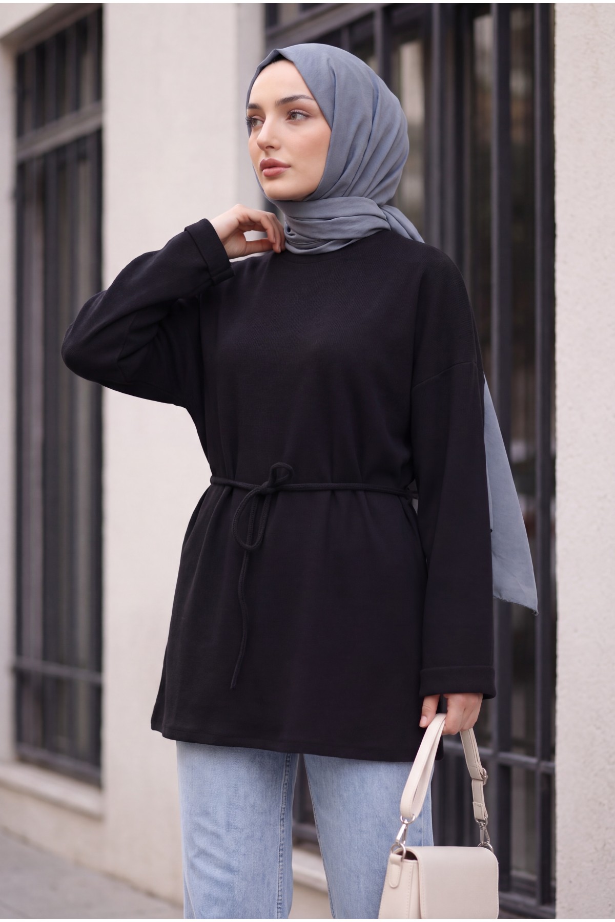 Yuvarlak Yaka Katlama Kol Beli Bağcıklı Fitilli Tunik -Siyah