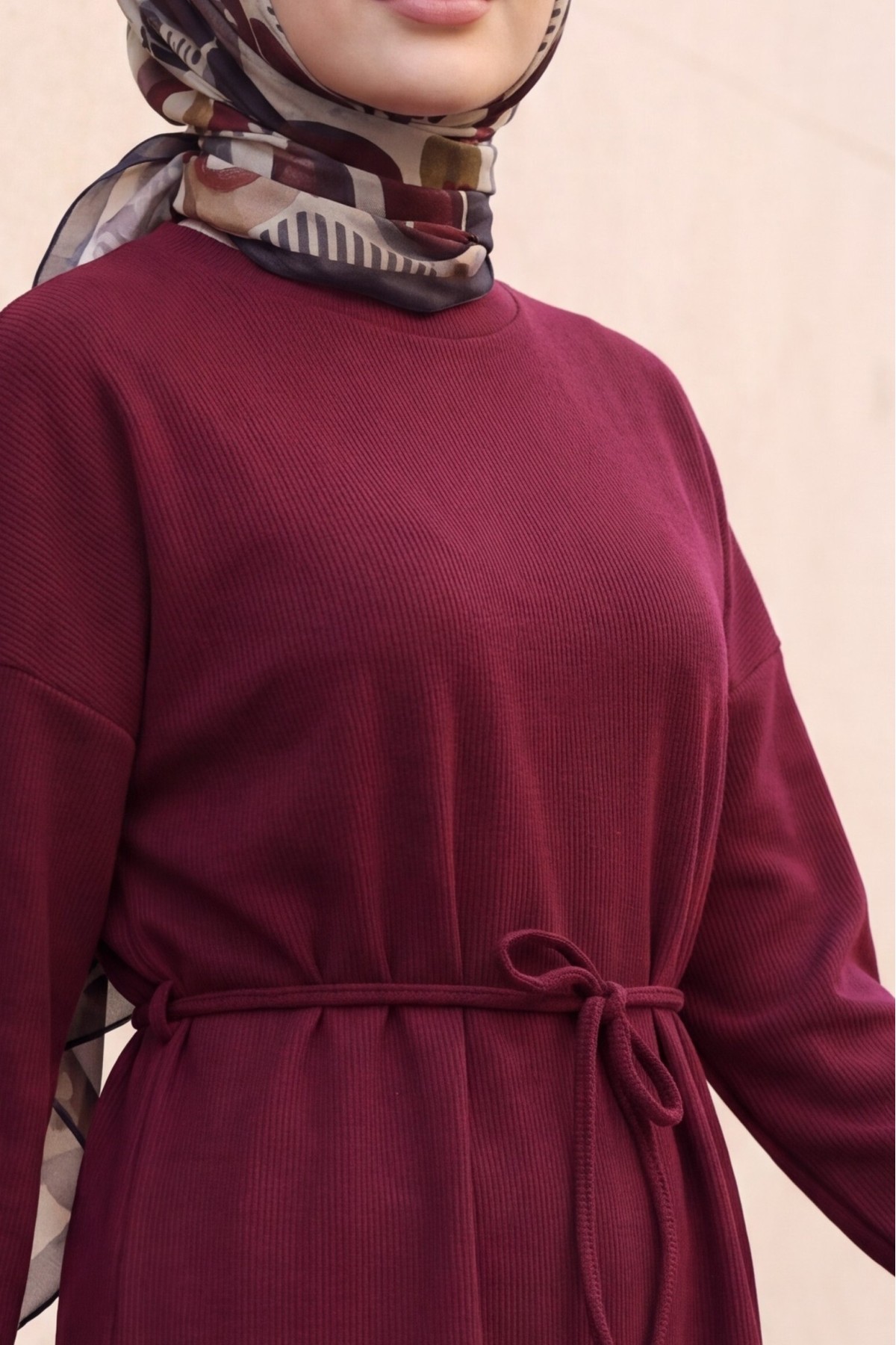 Yuvarlak Yaka Katlama Kol Beli Bağcıklı Fitilli Tunik -Mürdüm