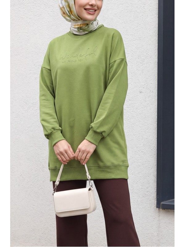 Crew Neck Cotton Sweatshirt with Embossed Lettering -خاكي