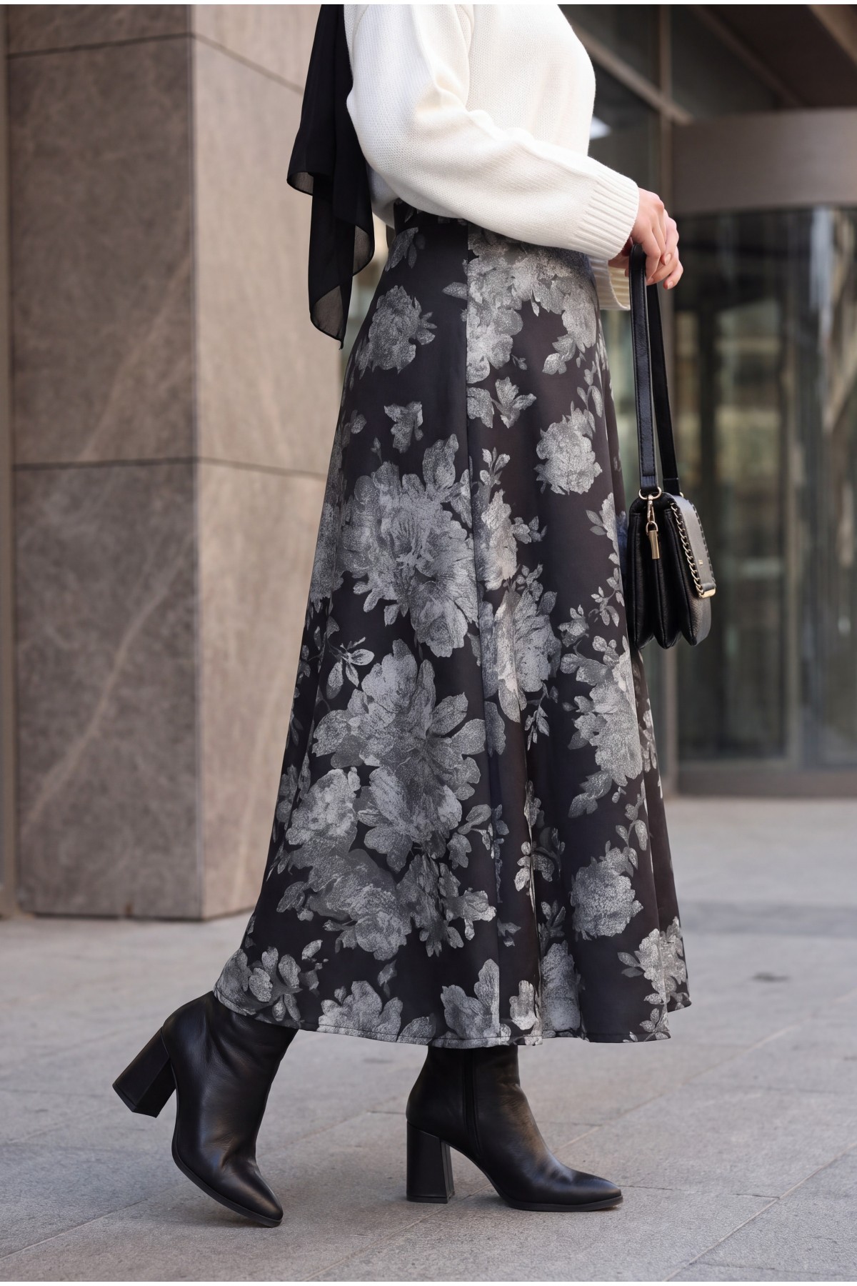 Floral Print Scuba A-Line Skirt -Black