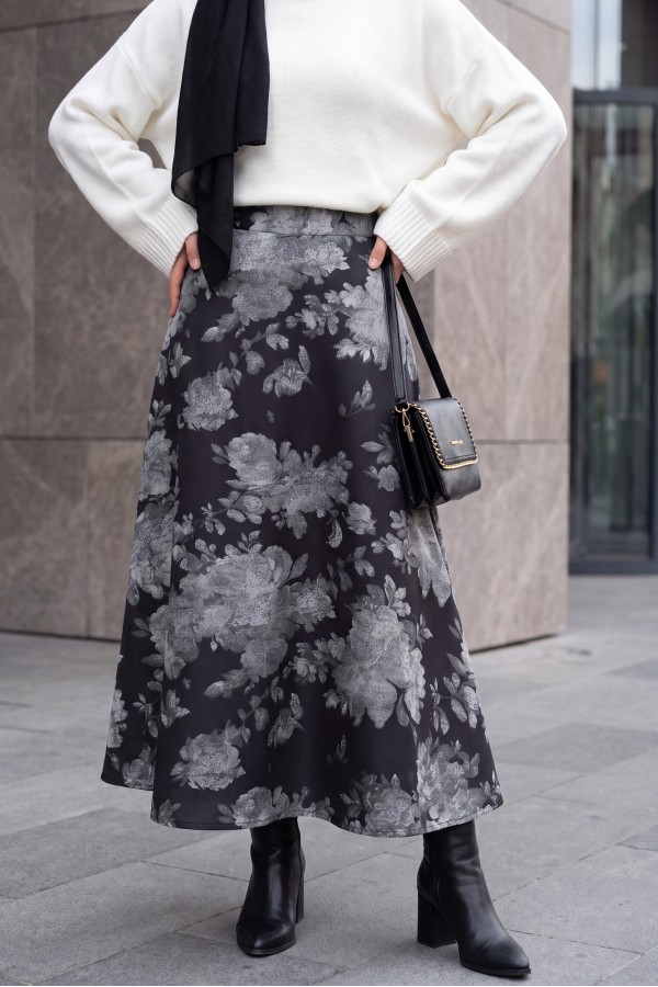 Floral Print Scuba A-Line Skirt -Black