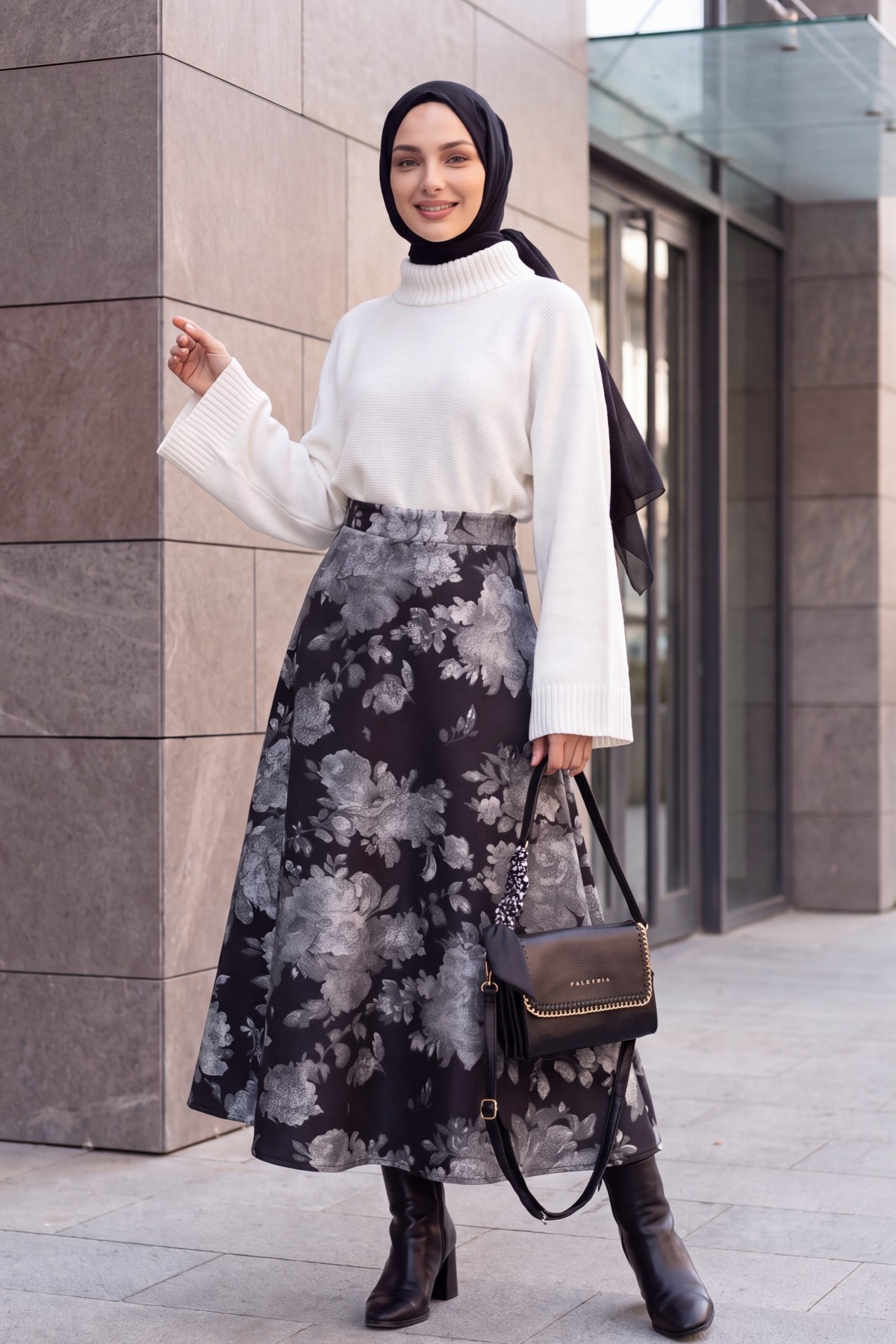 Floral Print Scuba A-Line Skirt -Black