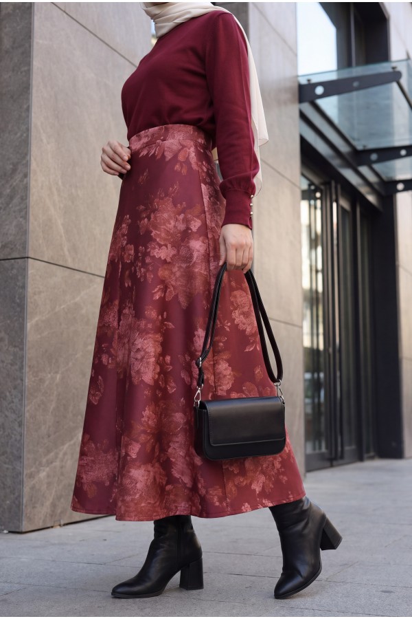 Floral Print Scuba A-Line Skirt -Maroon