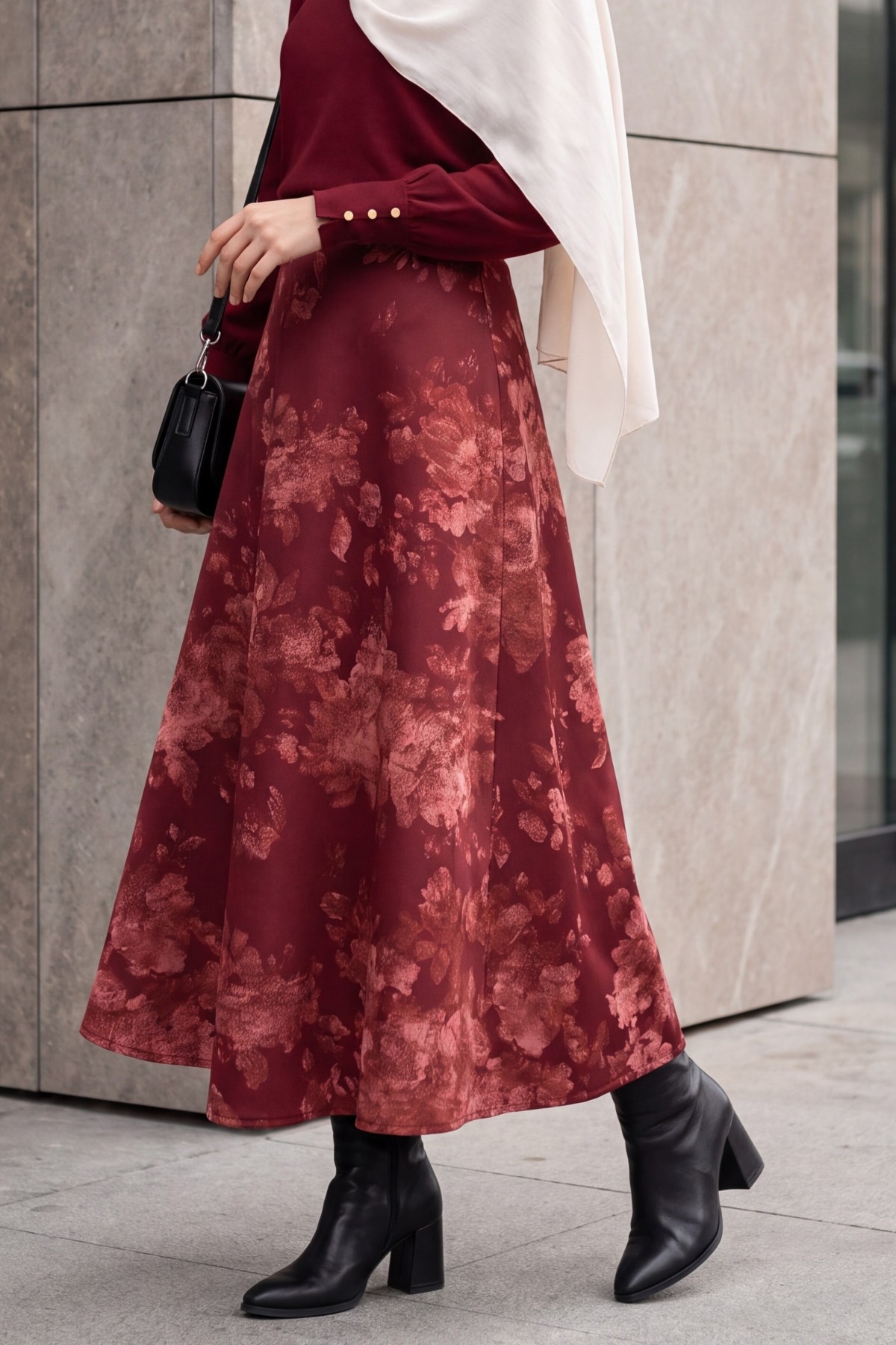 Floral Print Scuba A-Line Skirt -Maroon