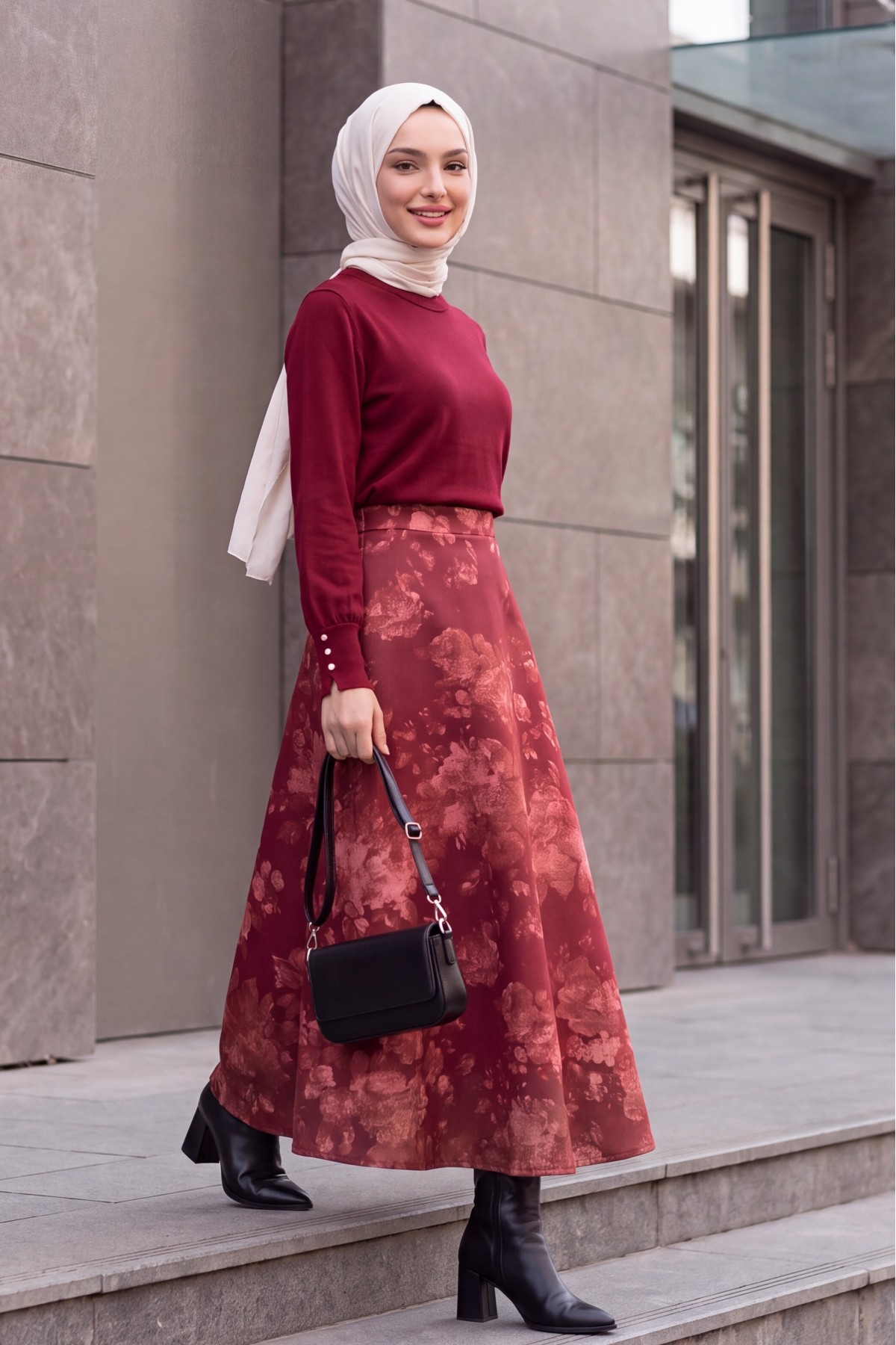 Floral Print Scuba A-Line Skirt -Maroon