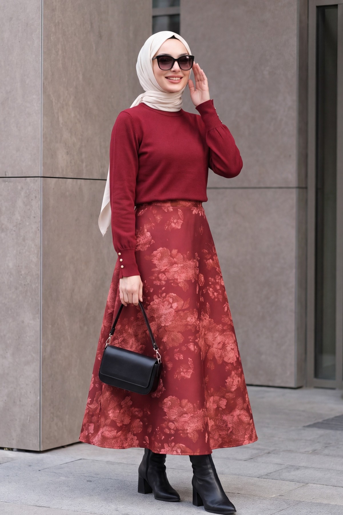Floral Print Scuba A-Line Skirt -Maroon
